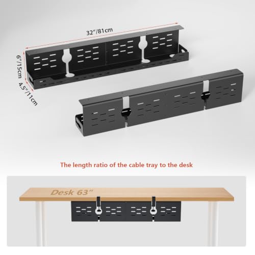 Univivi Under Desk Cable Management Tray, Cable Management, 32 inch, Black | Durable Steel Material, Under Desk Cable Tray with No-Drill C-Clamp and Screw Mount, Wire Management for Office/Home - color: Black, size: 32"