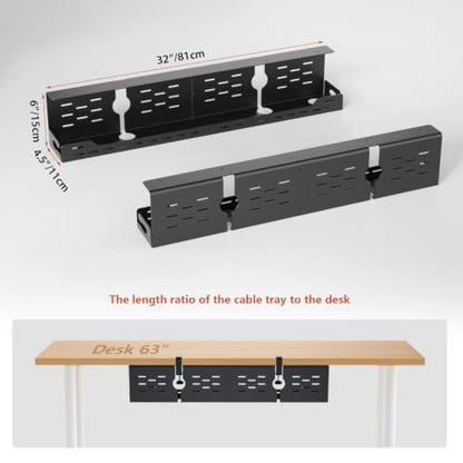 Univivi Under Desk Cable Management Tray, Cable Management, 32 inch, Black | Durable Steel Material, Under Desk Cable Tray with No-Drill C-Clamp and Screw Mount, Wire Management for Office/Home - color: Black, size: 32"