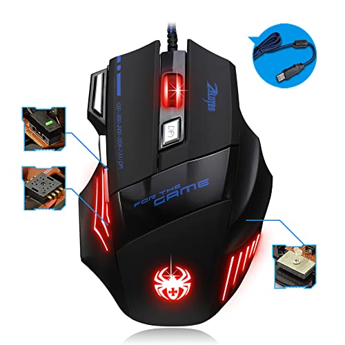 zelotes Ergonomic Gaming Mouse with Rapid Fire Button, 7200 DPI(5-Level Adjustable), 7 Buttons,LED Lighting, USB Wired Optical Mouse for Office/Gaming, Compatible with Laptop/PC (Black)