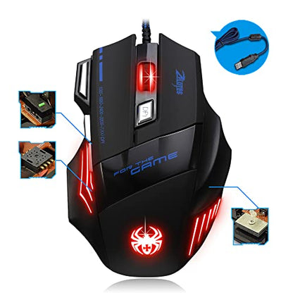 zelotes Ergonomic Gaming Mouse with Rapid Fire Button, 7200 DPI(5-Level Adjustable), 7 Buttons,LED Lighting, USB Wired Optical Mouse for Office/Gaming, Compatible with Laptop/PC (Black)