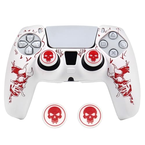 Horned Skull Controller Skin Cover Compatible with PS5/Playstation 5 Controller, RALAN Protector Case Customised Thumb Grip - color: Horned skull White Red