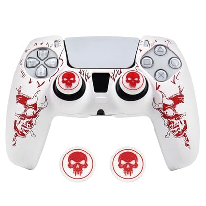 Horned Skull Controller Skin Cover Compatible with PS5/Playstation 5 Controller, RALAN Protector Case Customised Thumb Grip - color: Horned skull White Red