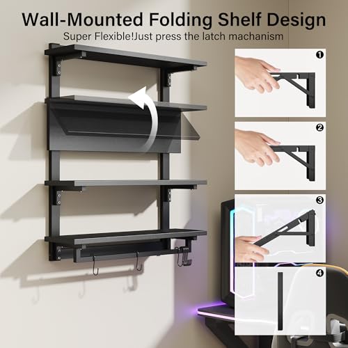 Spacesea Foldable Gaming Floating Shelves with Adjustable Shelf, 24 Inch Wall Mounted Shelves with Dynamic LED, 4 Tier Wall Mounted Shelves with Towel Bar & 8 Hooks, Cool Wall Display Rack