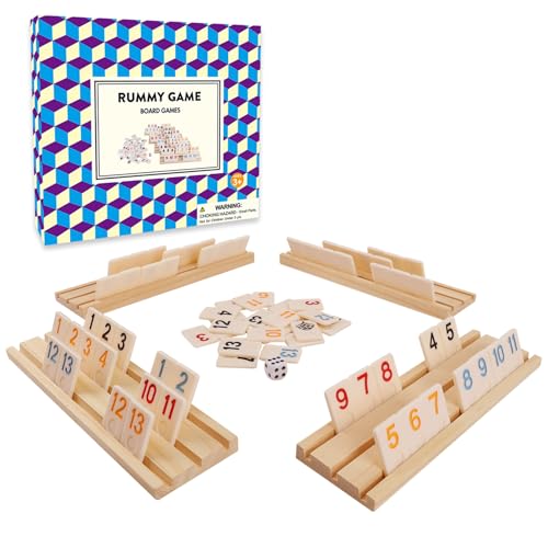 Offelec Upgraded Rummy Cube Game with 106 Large Number Rummy Tiles Set, 4 Wooden Racks & Dice - Family Board Games for Adults & Kids, Travel Size Rummy Games for 2-4 Players, Funny Night Game ﻿ - color: Upgraded Rummy Game