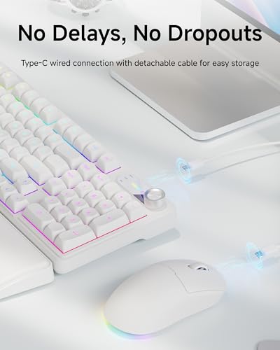 EWEADN Wired Keyboard and Mouse Combo with Detachable Wrist Rest, Quiet Ergonomic Keyboard Mouse Set with Multimedia Knob, RGB Backlit, Double-Shot Keycaps Natural Typing for Laptop, PC - White - color: White