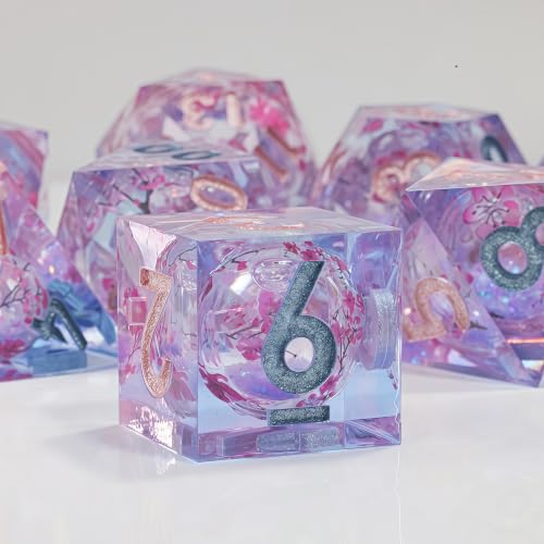DND Dice Set, Handmade Resin Polyhedral Dice, Cherry Blossom Design, Sharp Edges, 7 Piece Set for TRPG RPG - color: Sakura Shimmer