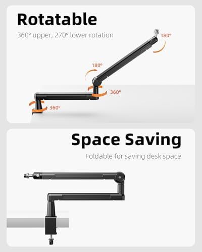 TODI Mic Stand Desk, Low/High Profile Mic Arm Bear 4.5LBS with Extension Riser, Adjustable All Metal Desk Microphone Stand with Cable Channel, Boom Arm Mic Stand with 3/8'' 5/8'' Interface - color: Metal Black