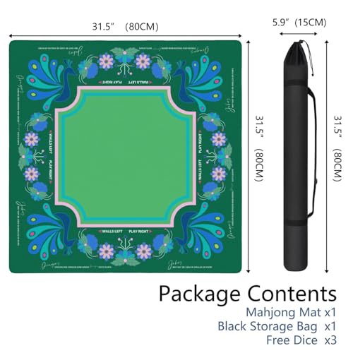 Mahjong Mat for Table with Carrying Bag & 3 Dice, Blue Green 31.5"x31.5" Square Rubber Mahjong Table Cover, Non-Slip & Noise Reduction Gaming Mat for Mah Jongg, Poker, Dominoes & Tile Games - color: Blue Green
