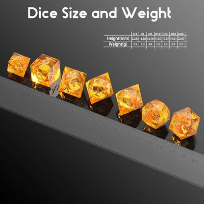 DNDND Red Dragon Dice with Gold Numbers | Liquid Core 7-Piece Sharp Edge Resin DND Dice Set | Dragon Themed Collectible Metal Case | RPG Tabletop Gaming Gift - color: Liquid Dragon Gold