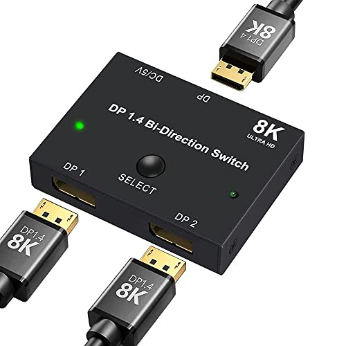 DisplayPort Switch Box 2-in-1-out 8K@30Hz 4K@120Hz DisplayPort 1.4 Switcher Compatible with PC, Laptop, Monitor, Gaming, TV