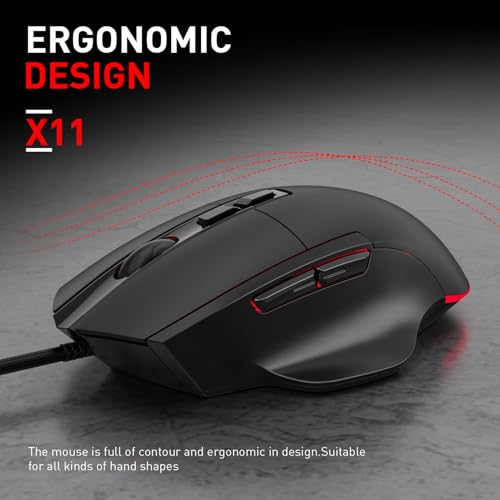 Tangxi Wired Gaming Mouse, Ergonomic Optical Mouse with 1200-7200 Adjustable DPI, 7 Macro Programmable Buttons, 4 Backlit Lights, 125-1000HZ Polling Rate, for Laptop PC