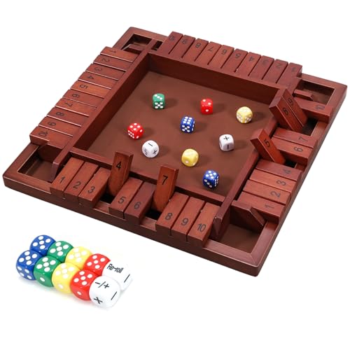 Shut The Box Dice Game 12 Inch Upgraded Wooden 2-4 Player Dice Game Math Games Close The Box Family Wooden Dice Board Game for Kids Adults, Tabletop Version for Classroom, Home, Party or Bar