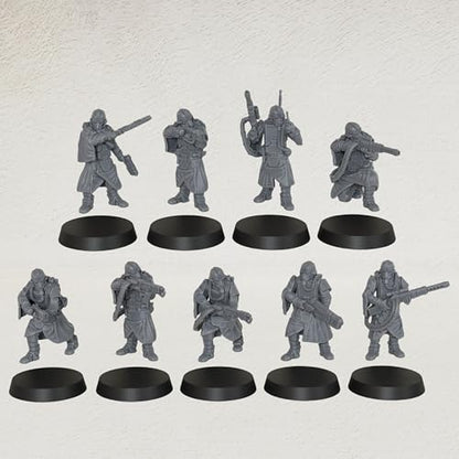 AUSPDICE Tabletop Unpainted Minis, 28mm 9pc Sci-Fi Soldier Squad, AS938 | Sci-Fi Figurine Squad for Role Playing, Miniature Games and TTRPGs, with Helmeted Combat Figures for Wargaming and RPG Gifts