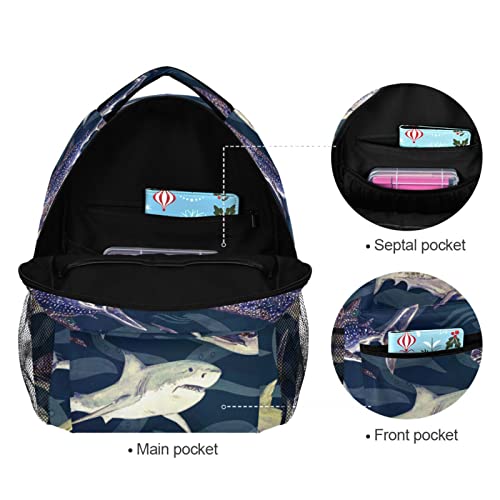 Sharks Dark Blue Backpacks Animal Fish Bookbags Daypack Travel School College Bag for Womens Girls Mens Boys Teens - color: Multi 7