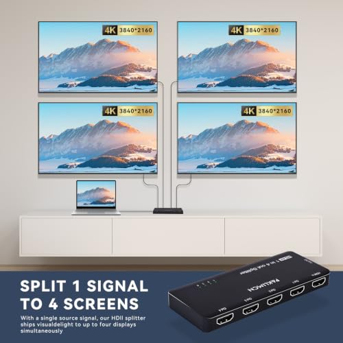HDMI Splitter 1x4, 4K 60Hz 1 in 4 Out HDMI Duplicator/Switcher, 4Kx2K 30Hz 4:4:4 & 60Hz 4:2:0, HDR Compatible for Fire Stick, PS5, Xbox Series X, PC, Home Theater, Not A Switch(4K 1in4 Out)
