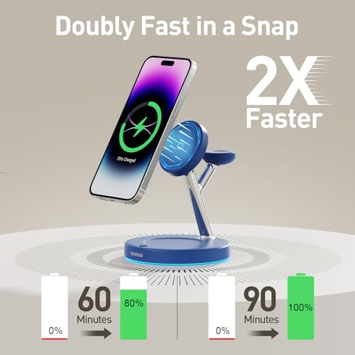 【Adjustable Blue Ambient Light】 Wireless Charger 3 in 1 for iPhone, Magnetic Charging Station for Apple Family,15W Fast MagSafe Charger Stand,for iPhone17-12-iWatch AirPods Series - color: Blue