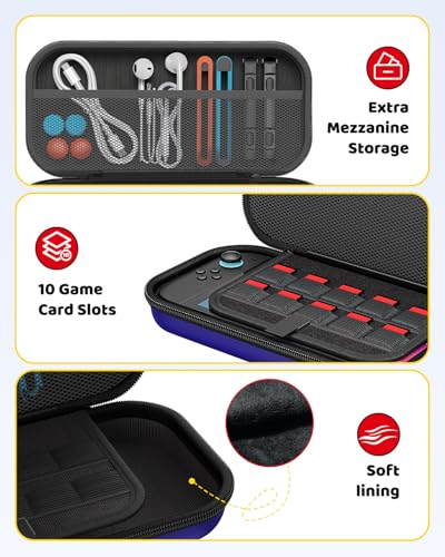 Switch 2 Slim Hard Shell Carry Case for Nintendo Switch 2 2025/Switch/OLED | Hard Shell Carrying Case with Soft Lining, 10 Card Slots, Durable Ballistic Nylon, Soft Silicone Handle, Switch2 Carry Case - color: Blue