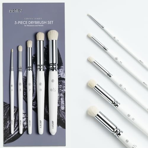 ARTIFY Drybrush Set of 5 Sizes: Expert Series Dry Brush for Effortless Miniature, Model, Ceramics Painting - Hobby Detail Small Acrylic Oil Paint Brushes for Tabletop & Wargames Miniatures - color: White