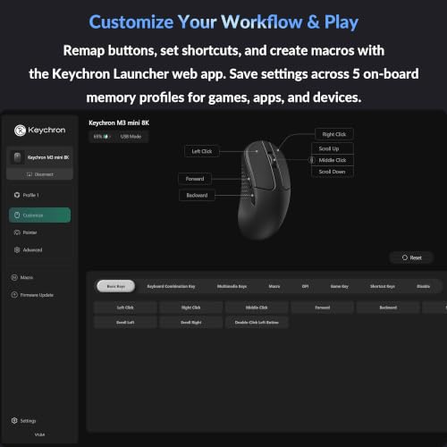Keychron M3 Mini 8K Wireless Gaming Mouse, 55g Lightweight, PixArt 3950 Sensor, 30K DPI, Bluetooth 5.3/2.4GHz/Wired, Programmable, 140H Battery, for Mac/Windows/Linux - Black - color: Black