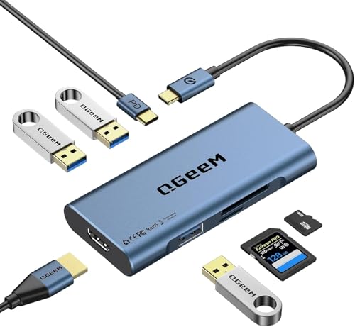 USB C Hub, QGeeM USB 4k to HDMI Adapter, 7 in 1 USB-C Dongle with 100W PD,USB 3.0, Card Reader, Compatible for MacBook iPhone 15/17 Ipad Pro max,Chromebook Laptop USB Type C Dock-Blue - color: Blue