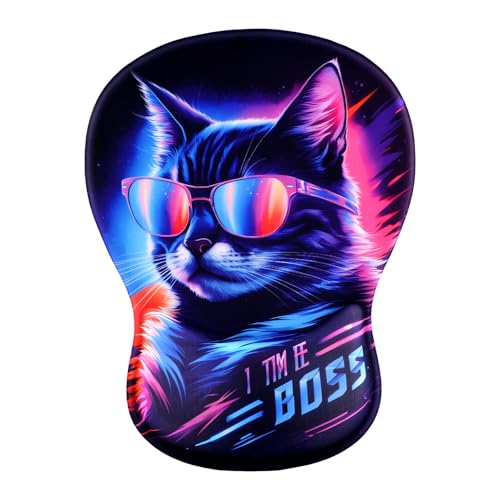 Ergonomic Mouse Pad with Wrist Rest - Gel Wrist Support Mousepad with Non-Slip PU Base for Computer, Laptop, Office & Home - color: Cool Cat 3, size: 7.6L x 10.2W inches