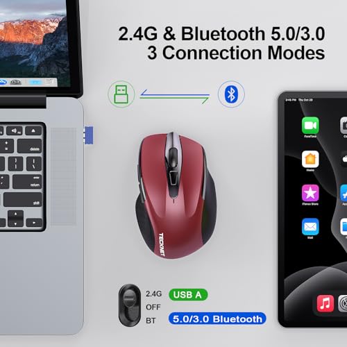 TECKNET Wireless Mouse, BT 5.0/2.4G, Silent 4800 DPI 6 Buttons, Red | Bluetooth 5.0/3.0 & USB A, 2-Device Easy Switch, Wide OS Compatible, 6-DPI, Ergonomic for S/M Hands, Extended Battery - color: Red