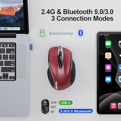 TECKNET Wireless Mouse, BT 5.0/2.4G, Silent 4800 DPI 6 Buttons, Red | Bluetooth 5.0/3.0 & USB A, 2-Device Easy Switch, Wide OS Compatible, 6-DPI, Ergonomic for S/M Hands, Extended Battery - color: Red