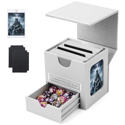 Patented MTG Commander DekBox, 100+ Double Sleeved Card Storage Box with Dice Tray, 35pt Card Holder & 2 Dividers - Magnetic Deck Case for TCG/CCG/Magic/Sports Cards, Grey - color: GREY