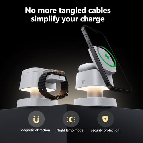 【2026 Upgraded】4 in 1 Wireless Charger, 3 in 1 Wireless Charging Station with Night Light for MagSafe Charger, 15W Magnetic Travel Stand for iPhone17/Air/Pro/Max/16/15/14/13/12, Apple iWatch, Airpods - color: white
