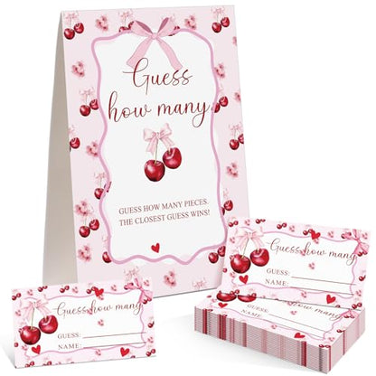 Cherry Bow Guess How Many Baby Shower Game Pack of 1 Tabletop Sign with Stand and 50 How Many Cards, Coquette Cherry Gender Reveal Party Game Decorations - style: Cherry Bow