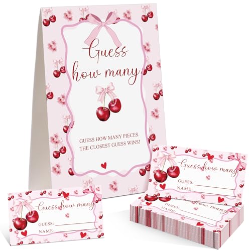 Cherry Bow Guess How Many Baby Shower Game Pack of 1 Tabletop Sign with Stand and 50 How Many Cards, Coquette Cherry Gender Reveal Party Game Decorations - style: Cherry Bow