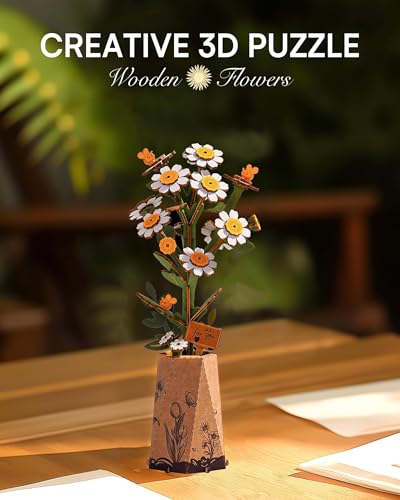 3D Flower Wooden Puzzles for Adults-Chamomile, DIY Wooden Flowers Model Kit Building Set Crafts Birthday Gifts, Artificial Botanical Collection Creative Gift Ideas/Housewarming (101PCS) - style: TW - Chamomile