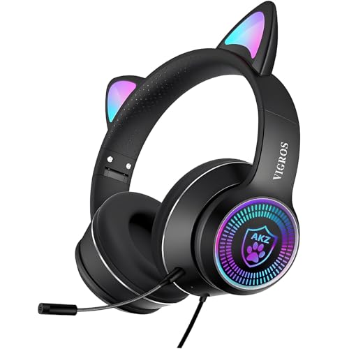 Cat Ear Gaming Headphones Wired AUX 3.5mm with LED Light, VIGROS Flashing Stereo Game Headphones Surround Sound Over-Ear Headsets with Microphone Fit Kids & Adult for PC, PS4, Switch, Mobile, Laptop - color: Black