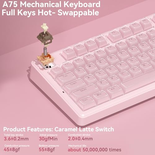 SOLAKAKA A75 Wireless Gaming Keyboard with Multifunction Knob, BT5.0/2.4GHz/USB-C, 75% Mechanical Keyboard, Hot-Swappable, Gasket Creamy Keyboard with RGB Backlit, Crystal Keycaps, for PC/Mac/PC - color: Crystal-Pink