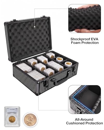 LOCKCURX Carbon Fiber Coin Storage Box & Coin Case – Holds 120 NGC/PCGS Graded Slabs or 1400 Coin Capsules, Dual Key Lock with 6 Removable Dividers, Customizable Silver Coin Storage for Collectors