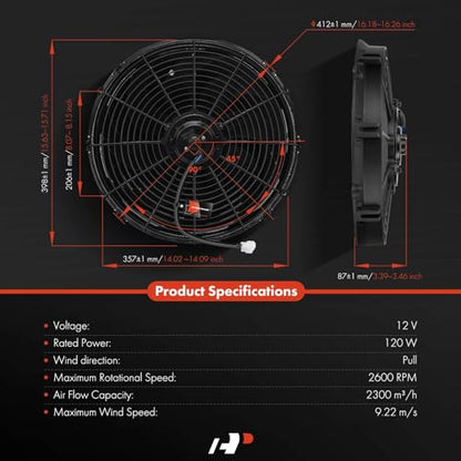 A-Premium 16'' 16 inch Slim Universal Electric Cooling Fan Assembly | 2300 m3/h, 12V 120W Pull Fan with Mount Kit - style: 16 inch