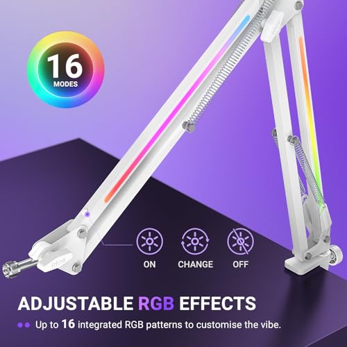 FIFINE AmpliGame BM38W Heavy Duty RGB Microphone Boom Arm for Gaming | Podcasting C-Clamp Desktop Mic Mount, Angle Adjustment, 3/8" to 5/8" Screw, for FIFINE AM8 - color: White