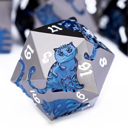 Metal DND Cat Dice 7PCS Polyhedral RPG Dice Set with Gift Case for Dungeons Dragons Role Playing Game, D and D Dice D6 D8 D10 D12 D20 D% (Blue Black) - color: Cat-black Blue