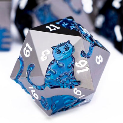 Metal DND Cat Dice 7PCS Polyhedral RPG Dice Set with Gift Case for Dungeons Dragons Role Playing Game, D and D Dice D6 D8 D10 D12 D20 D% (Blue Black) - color: Cat-black Blue