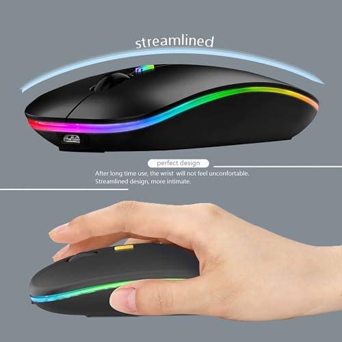 WREANU Wireless Bluetooth Mouse Rechargeable Laptop Mice with LED Lights Silent Slim Use(BT5.2 and 2.4G Portable USB) Dual Mode Computer Mouse for Laptop/iPad/Tablet/Apple/Computer/Mac (Black) - color: Black