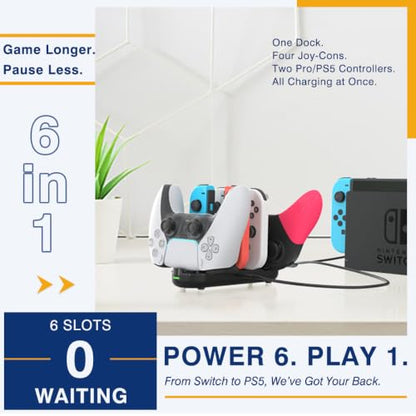 Switch Controller Charger for Nintendo Switch, Charging Dock with JoyCon/Pro / PS5 Controller, Charger Station with LED Indicator and Charger Cable for JoyCons, 6 in 1 Nintendo Charging Dock - size: 80cm