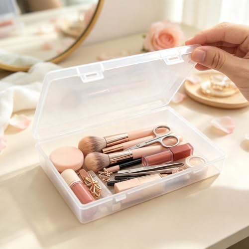 6 Pieces Rectangular Empty Mini Clear Plastic Organizer Box | 180 x 110 x 30 mm, Hinged Lids, For Small Items, Craft Projects - size: 180 x 110 x 30 mm