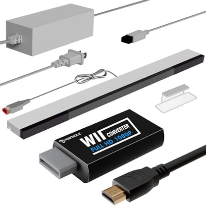 PORTHOLIC 4 in 1 Wii Replacement Cables Set, Wii AC Power Adapter + Wii to hdmi Converter+ Wired Motion Sensor Bar and Composite Audio Video Cable for Nintendo Wii - color: Black