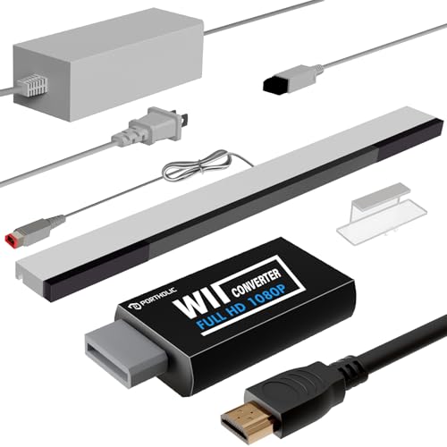 PORTHOLIC 4 in 1 Wii Replacement Cables Set, Wii AC Power Adapter + Wii to hdmi Converter+ Wired Motion Sensor Bar and Composite Audio Video Cable for Nintendo Wii - color: Black