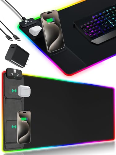 XXL Mouse Pad with Phone Holder - Black, RGB Desk Mat with 15W Fast Charging, LED Gaming Mousepad with 11 Light Colors, Waterproof Non-Slip Pad for Office & Home (Black with PD Adapter) - color: Black with PD Adapter
