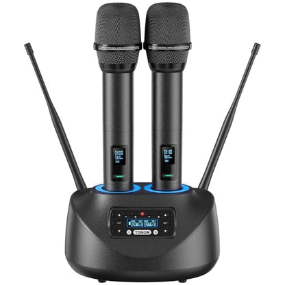 TONOR Bluetooth Wireless Microphones, Rechargeable UHF Cordless Microphone System for Home Party, Metal Dual Handheld 260ft for Home Karaoke, Church, Party,TW-790, Black