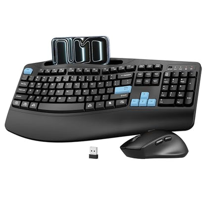 Wireless Keyboard and Mouse Combo, Full Size Ergonomic Wave Keys(Blue) | 2.4G Ergonomic Keyboard with Wrist Rest, Phone Holder, 3-Level DPI Silent Mouse with 6-Buttons, for Windows/Mac OS/Laptop/PC - color: Blue Black