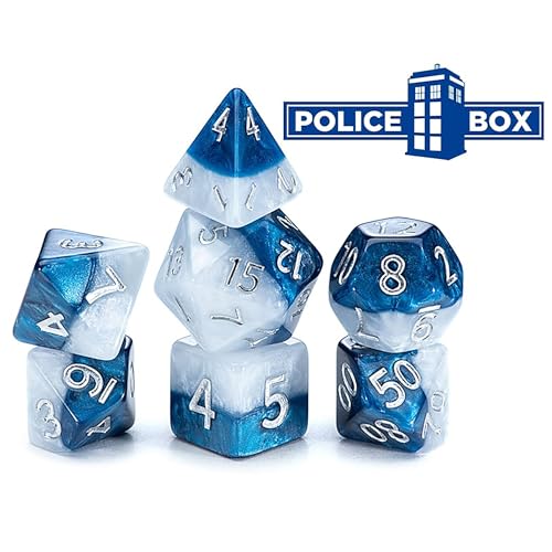 Gate Keeper Games and Dice: Halfsies Dice: Police Box - 7pc Set, Time Lord Blue & Doctor White, Pearlescent Swirl, 7 Resin Dice for Role Playing Games - style: Police Box