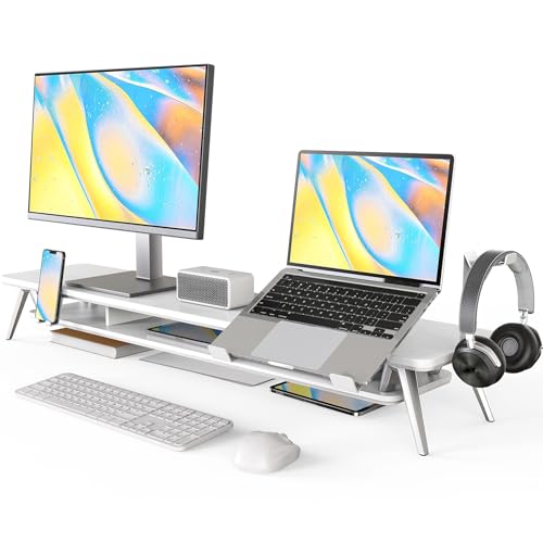 Fenge 42.5-Inch Monitor Stand Riser with Laptop, Phone & Headphone Holders | 10° Adjustable Laptop Holder, 2-Tier Storage, Dual Monitor or Monitor-Laptop Setup, Ideal for Multitasking, Gaming, Streaming - color: White