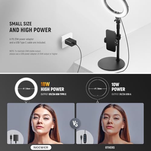 NEEWER 8" 18W High Power Desk Ring Light with Stand & Phone Holder, Circle Selfie Ringlight for iPhone Streaming Vlogging Recording, Video Conference Lighting Kit for Laptop Computer Zoom Call, RH8B